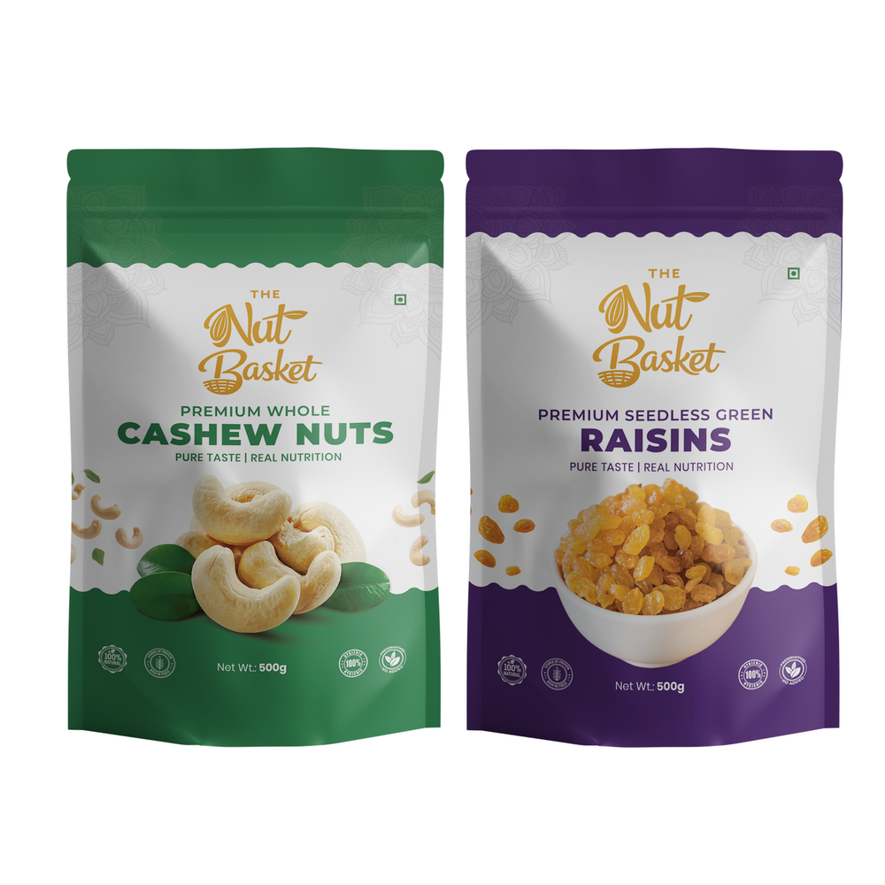 Premium Cashews & Raisins Combo Pack – Big Value Healthy Snack Duo | 1kg (500g + 500g) | THENUTBASKET