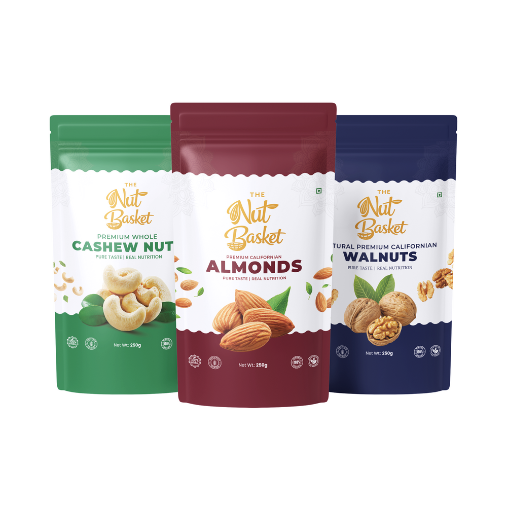 Premium Almonds, Cashews & Walnuts Combo – Nutri Dry Fruit Trio | 750g (250g × 3) | THENUTBASKET