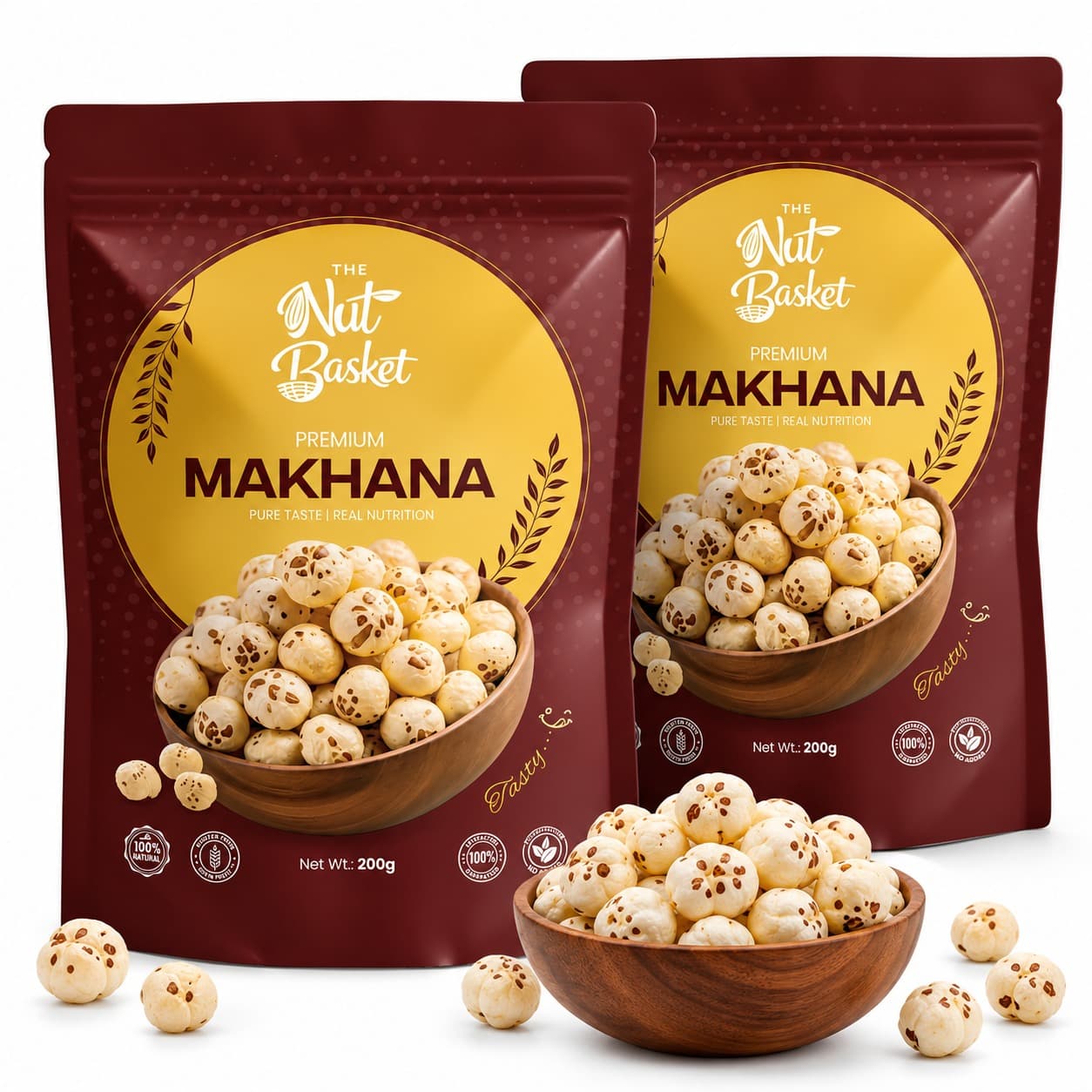 The Nut Basket premium makhana pouches with a bowl of fox nuts