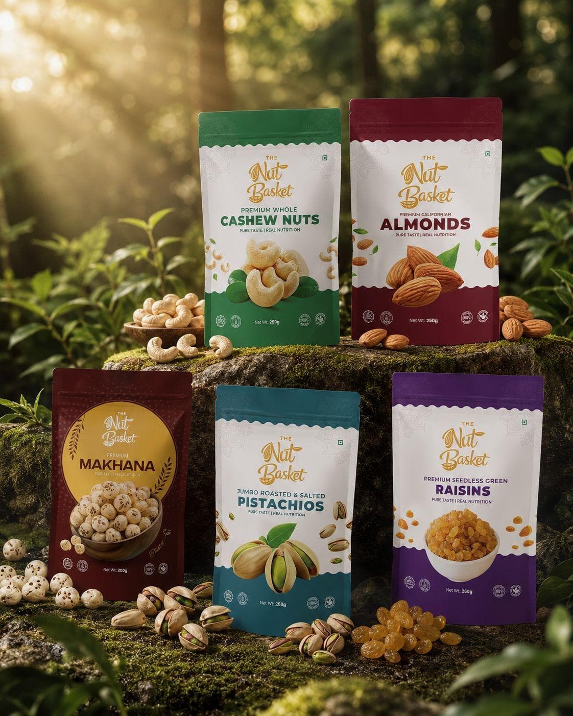The Nut Basket range — cashews, almonds, makhana, pistachios and raisins
