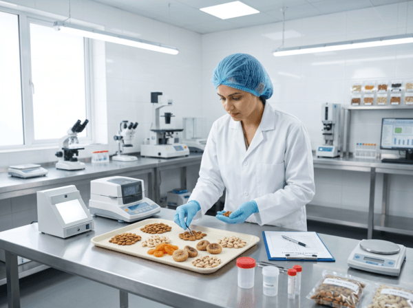 Quality testing of premium dry fruits in modern facility