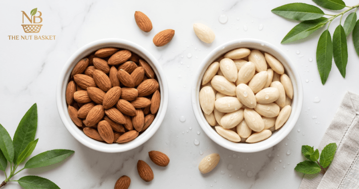 Soaked almonds vs raw almonds — peeled soaked almonds in water bowl