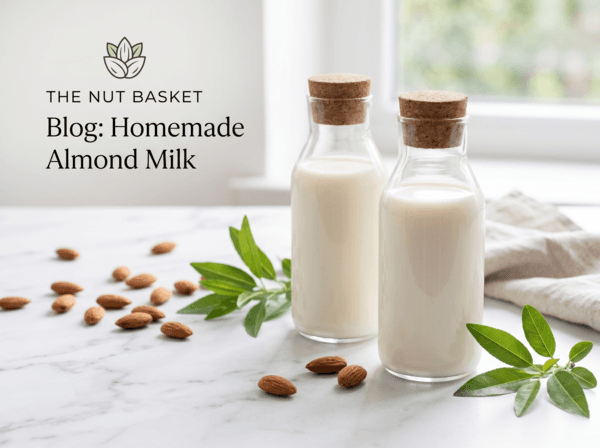 Homemade almond milk recipe — creamy white almond milk in glass bottles