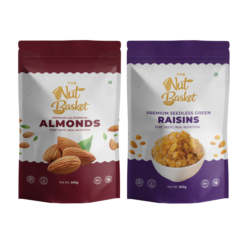 Premium Almonds & Raisins Combo Pack – Big Value Healthy Snack Duo | 1kg (500g + 500g) | THENUTBASKET