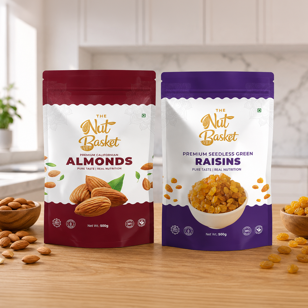 Premium Almonds & Raisins Combo Pack – Big Value Healthy Snack Duo | 1kg (500g + 500g) | THENUTBASKET