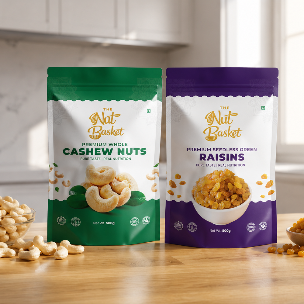 Premium Cashews & Raisins Combo Pack – Big Value Healthy Snack Duo | 1kg (500g + 500g) | THENUTBASKET